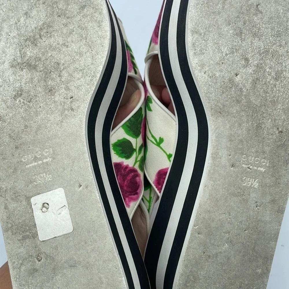 GUCCI Pink Red Rose Floral Sandals Peggy Platforms Striped Sole 39.5